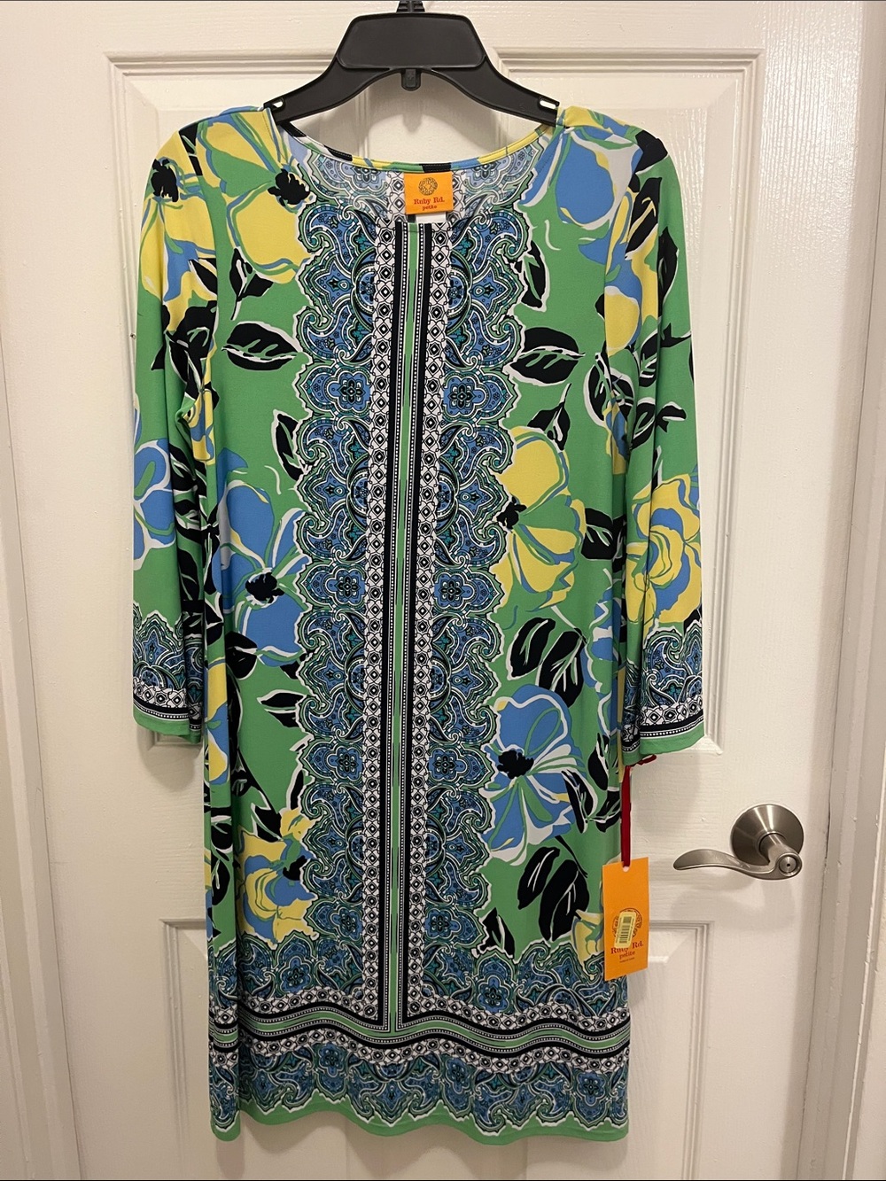Ruby Rd. Green Floral Midi Dress with Blue and Yellow Accents